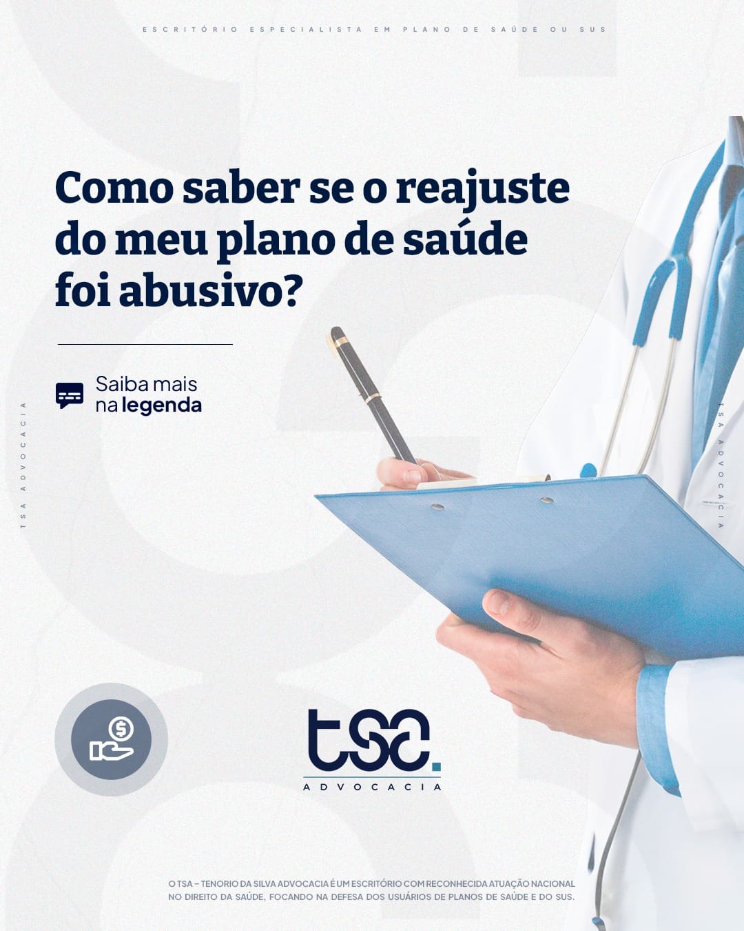 📈💸 Reajuste do Plano de Saúde: Como Saber se Foi Abusivo? Se você percebeu um aumento significativo na sua mensalidade do plano de saúde, é importante investigar se esse reajuste é justo ou se pode ser abusivo. 🧐 Alguns fatores que podem indicar abusividade: 1️⃣ Percentual Excessivo: Se o reajuste supera os índices de inflação ou os percentuais autorizados pela Agência Nacional de Saúde Suplementar (ANS). 2️⃣ Faixa Etária: Aumento elevado ao atingir uma nova faixa etária, sem justificativa clara. 3️⃣ Falta de Transparência: O plano não informa o motivo do reajuste ou apresenta cláusulas ambíguas. Cada caso é único, e para entender se o reajuste foi abusivo, é essencial buscar orientação de um advogado especialista em planos de saúde. Esse profissional pode analisar o contrato, verificar as normas aplicáveis e, se necessário, ingressar com medidas para defender seus direitos. ⚖️👩‍⚖️ 👉 Fique atento e nunca aceite um reajuste duvidoso sem questionar! Ter o acompanhamento certo pode garantir que você pague o que é justo pelo seu plano de saúde.