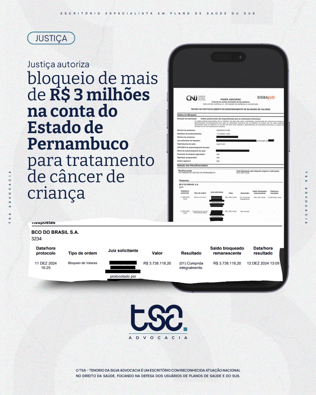 🚨 Decisão importante do TJPE garante o tratamento de uma criança com câncer grave! O Tribunal de Justiça de Pernambuco determinou o bloqueio de R$ 3,7 milhões nas contas do Estado de Pernambuco para custear o tratamento de uma criança diagnosticada com Neuroblastoma, um câncer raro e agressivo. Essa decisão reafirma a importância do direito à vida, um princípio constitucional que deve ser assegurado acima de qualquer outra questão. 💙 O Sistema Único de Saúde (SUS) tem o dever de garantir que todos os cidadãos recebam o tratamento necessário para preservar sua saúde e dignidade, especialmente em casos de doenças graves e de alta complexidade. Essa vitória não é apenas da família envolvida, mas de todos que acreditam na luta por uma saúde pública eficiente e acessível. 📢 Compartilhe essa informação! Muitas pessoas desconhecem seus direitos e enfrentam dificuldades para obter o tratamento de que precisam. Juntos, podemos conscientizar mais cidadãos e lutar por um SUS que funcione para todos!