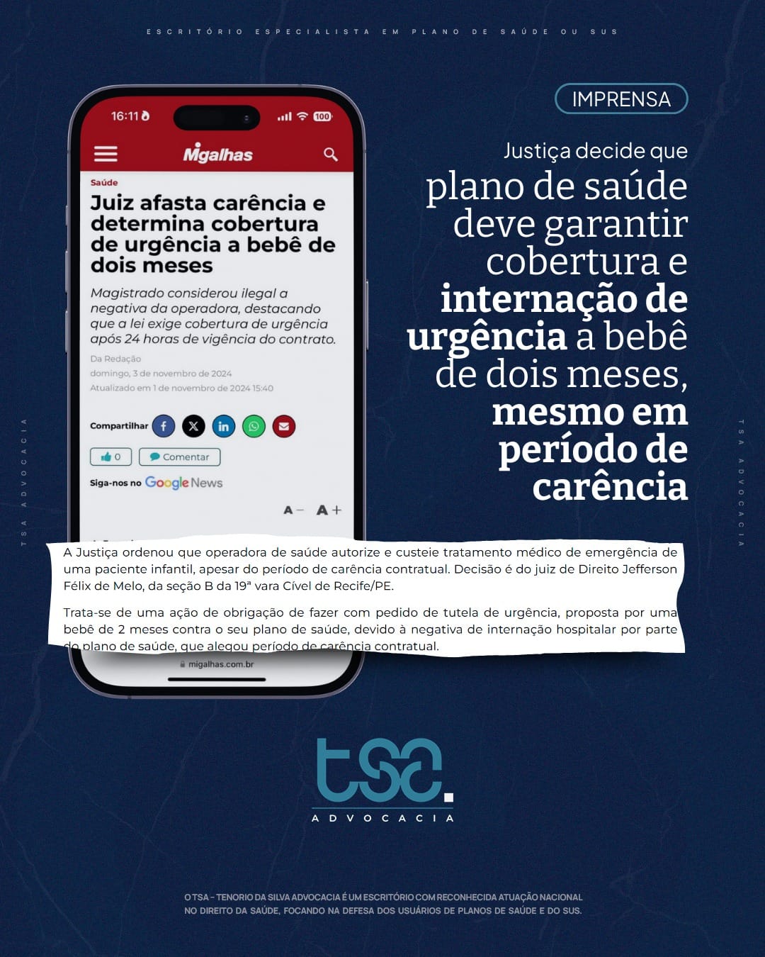 Justiça Afasta Carência Abusiva e Garante Atendimento de Urgência para Bebê Em uma decisão recente, o Judiciário garantiu a cobertura de um procedimento de urgência para um bebê, afastando a imposição de uma carência indevida por parte do plano de saúde. Segundo a legislação brasileira, o período de carência para casos de urgência e emergência é de, no máximo, 24 horas. Qualquer prazo além desse limite representa uma prática abusiva e contrária aos direitos do consumidor. 🔍 Fundamentos da Decisão: O Juiz enfatizou que a exigência de carência superior a 24 horas para situações emergenciais afronta o disposto na legislação dos planos de saúde, que protege o direito à saúde e à vida, sobretudo em situações de risco. Dessa forma, a imposição de carências abusivas foi afastada, garantindo à família a segurança de que o tratamento de urgência fosse provido sem entraves burocráticos. ⚖️ Importância da Decisão: Essa sentença reforça o compromisso do Judiciário com a proteção dos beneficiários de planos de saúde, assegurando que, em casos de urgência e emergência, o atendimento deve ser imediato, conforme previsto em lei. A decisão contribui para a defesa dos direitos fundamentais, garantindo que os planos de saúde cumpram a legislação e respeitem a integridade e o bem-estar dos consumidores.