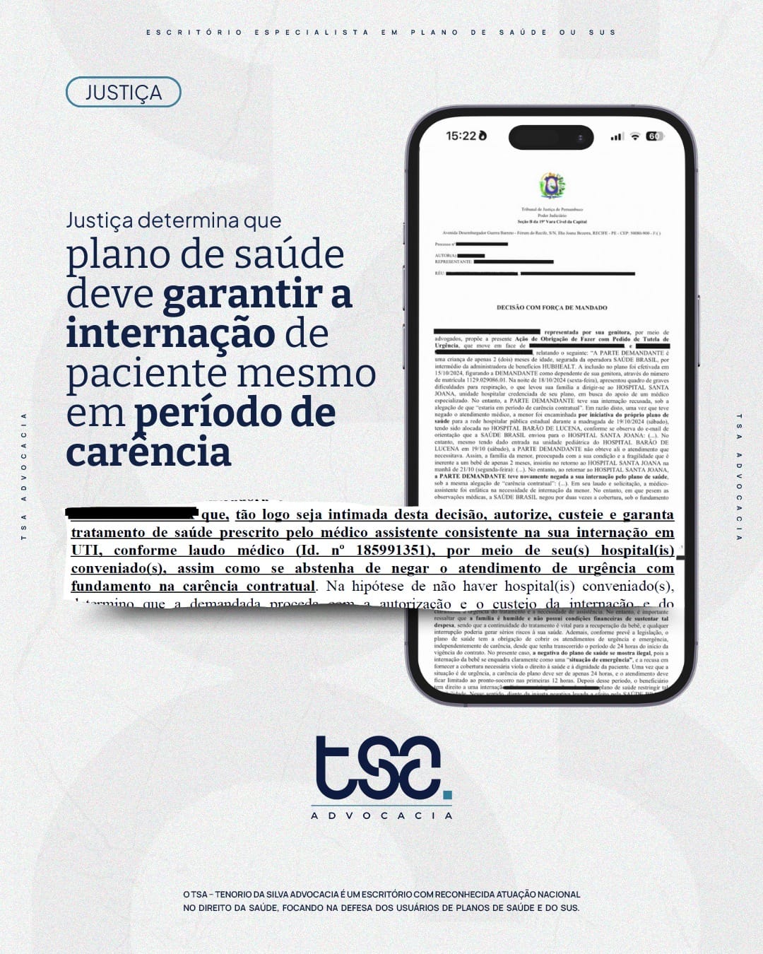 Justiça reconhece que plano de saúde deve garantir internação mesmo em período de carência! ⚖️ Infelizmente, é muito comum que planos de saúde imponham carências longas — como 180 dias — para cobrir procedimentos e internações, mesmo em casos de urgência ou emergência. Essa prática, adotada por muitos planos, pode prejudicar seriamente a saúde dos pacientes, que muitas vezes precisam de atendimento imediato. Porém, o que poucos sabem é que essa exigência é considerada abusiva! 🚨 ⚠️ Neste caso, o Tribunal de Justiça de Pernambuco (TJPE) reconheceu como abusiva a negativa do plano de saúde em cobrir a internação de um paciente durante o período de carência, determinando a imediata hospitalização. A decisão também impôs uma medida rigorosa: em caso de descumprimento, o plano poderá ter sua operação comercial suspensa, assegurando a proteção dos direitos do paciente e o respeito às normas de urgência e emergência. A legislação brasileira, incluindo a Lei dos Planos de Saúde, o Código de Defesa do Consumidor e a própria regulamentação da ANS (Agência Nacional de Saúde Suplementar), protege o consumidor e assegura que, em casos de urgência e emergência, o atendimento deve ser garantido em até 24 horas após a contratação do plano. Nenhuma cláusula contratual pode se sobrepor ao direito fundamental à vida e à saúde! 🏥💉 Portanto, se o seu plano de saúde está negando internação ou qualquer outro tipo de atendimento necessário durante o período de carência, saiba que você pode buscar a Justiça para reverter essa situação e garantir o atendimento imediato. Muitos consumidores têm seus direitos reconhecidos judicialmente e conseguem a internação ou o tratamento de que tanto necessitam. 💪 Não aceite cláusulas abusivas! Busque seus direitos e garanta o atendimento que você precisa.