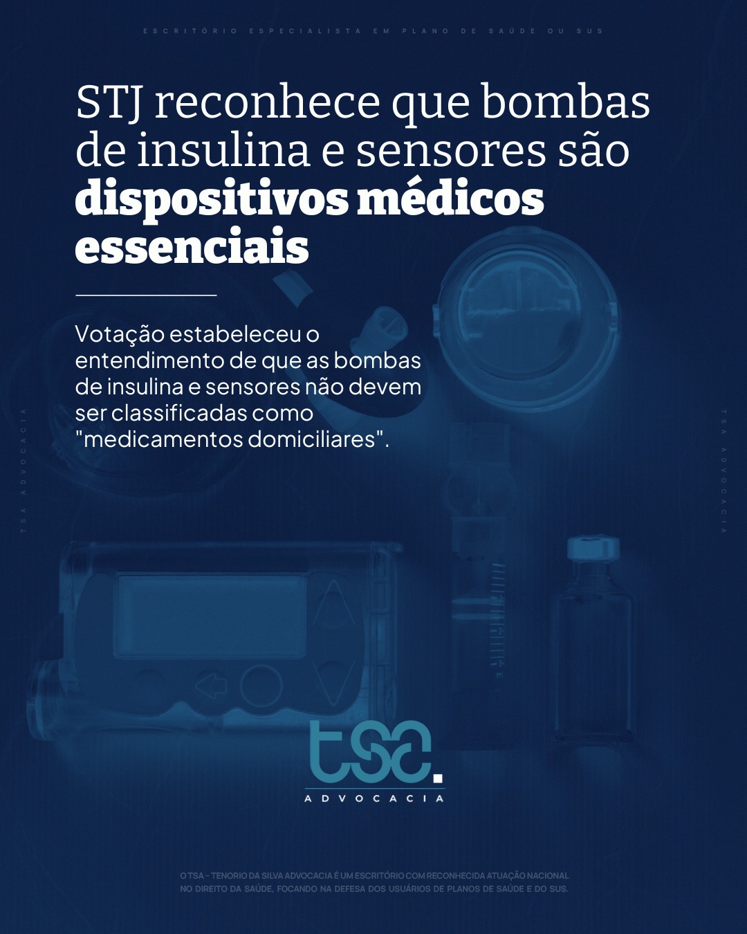 Decisão Histórica no Tribunal Superior: Bombas de Insulina e Sensores Reconhecidos como Dispositivos Médicos Essenciais para Pacientes Diabéticos Recentemente, o Tribunal Superior proferiu uma decisão de grande impacto para pacientes que convivem com diabetes. Em resposta a uma longa discussão sobre a cobertura de tecnologias médicas por planos de saúde, o Tribunal reconheceu que bombas de insulina e sensores de monitoramento contínuo de glicose são, de fato, dispositivos médicos essenciais. Essa decisão fortalece o direito ao acesso a esses dispositivos, que são fundamentais para o tratamento e controle eficaz da diabetes, proporcionando uma vida mais segura e saudável aos pacientes. 📜 A decisão baseia-se na relevância clínica e médica desses dispositivos para a manutenção da saúde e da qualidade de vida dos pacientes, reforçando que não se trata apenas de uma questão de conveniência, mas de necessidade. Com a determinação, os planos de saúde passam a ter obrigação de fornecer cobertura para esses dispositivos, quando prescritos por médicos. 🎯 Essa medida marca uma conquista significativa para pacientes e profissionais de saúde, estabelecendo um novo precedente jurídico que poderá influenciar positivamente futuras decisões sobre a cobertura de tratamentos médicos essenciais por planos de saúde. 👉 Para pacientes e familiares, essa vitória representa mais autonomia e segurança, permitindo um controle mais rigoroso e menos invasivo dos níveis de glicose. Mais do que nunca, fica claro que o cuidado à saúde passa pela inclusão de tecnologias essenciais no tratamento de condições crônicas.