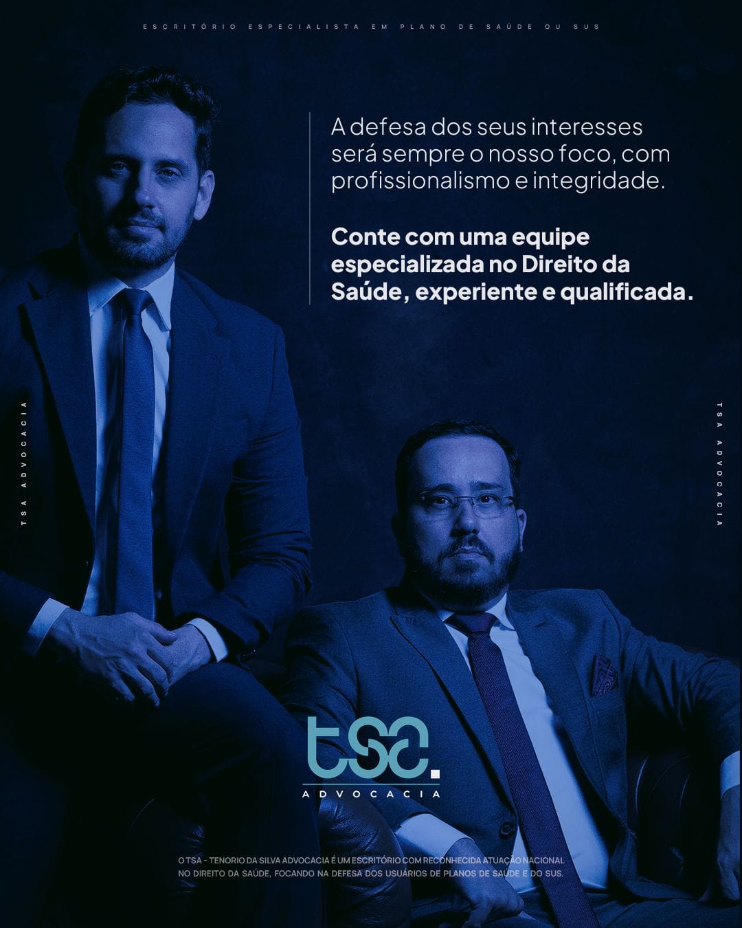 Equipe de advogados do escritório TSA | Tenorio da Silva Advocacia, referência em Direito da Saúde, ações contra planos de saúde e fornecimento judicial de medicamentos. Atuação estratégica em casos urgentes e defesa dos direitos de pacientes em todo o Brasil.