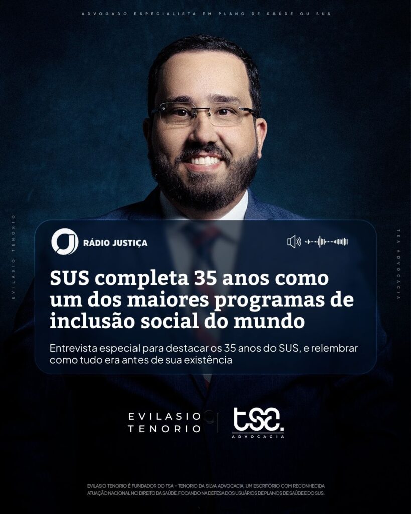 SUS completa 35 anos como um dos maiores programas de inclusão social do mundo - Entrevista do advogado Evilasio Tenorio na Rádio Justiça 1 | O SUS completa 35 anos como um dos maiores programas de inclusão social do mundo. Nessa entrevista, discutimos a importância dele. O Sistema Único de Saúde (SUS) completa 35 anos e segue sendo reconhecido como um dos maiores programas de inclusão social do mundo. Para celebrar essa data tão importante, o Dr. Evilasio Tenorio participou de uma entrevista especial na Rádio Justiça, onde falou sobre a criação do SUS, seus avanços ao longo das décadas e os desafios que ainda precisamos enfrentar.