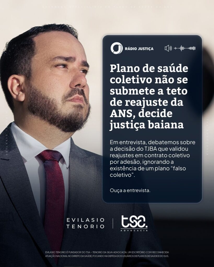 🎙️ Participação na Rádio JustiçaO advogado Evilasio Tenorio participou hoje do programa Revista Justiça, da Rádio Justiça, para comentar uma decisão recente que tem repercutido no setor de planos de saúde.Durante a entrevista, foi debatido o julgamento do Tribunal de Justiça da Bahia (TJBA) que considerou válidos reajustes aplicados em contrato coletivo por adesão, sob o entendimento de que esse tipo de plano não estaria submetido aos índices de reajuste definidos pela ANS para os planos individuais.A discussão ganha ainda mais relevância quando se observa a existência dos chamados “falsos coletivos” — contratos formalmente coletivos, mas que na prática funcionam como planos individuais ou familiares, frequentemente utilizados pelas operadoras para aplicar aumentos muito superiores aos limites regulatórios.O tema é sensível e afeta diretamente milhares de consumidores que, muitas vezes, são surpreendidos por reajustes abusivos e sem transparência.Aqui no escritório, seguimos acompanhando de perto essas discussões e atuando na defesa dos direitos dos beneficiários de planos de saúde. ⚖️