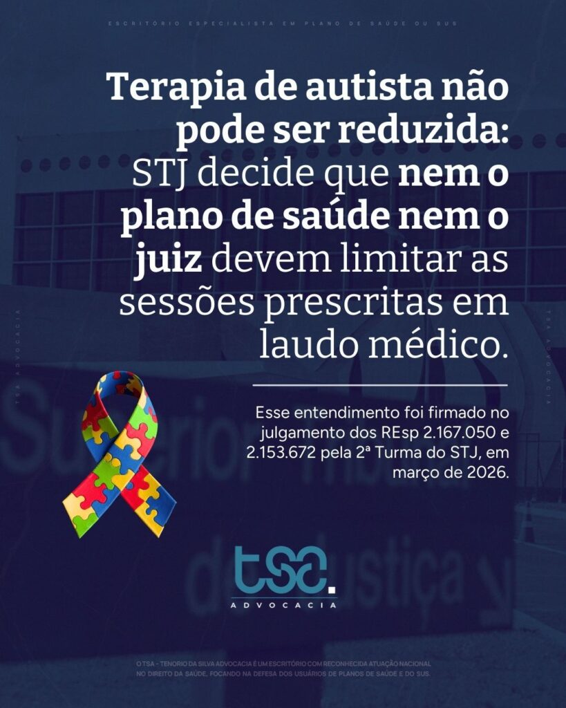 STJ decide que plano de saúde não pode limitar terapias para autistas 1 | STJ firma entendimento: plano de saúde não pode limitar terapias para autismo quando houver prescrição médica. Veja o impacto da decisão. O Superior Tribunal de Justiça decidiu que planos de saúde não podem reduzir ou limitar a carga horária de terapias prescritas para pacientes com Transtorno do Espectro Autista. No julgamento dos REsp 2.167.050 e 2.153.672, realizado pela 2ª Turma em março de 2026, ficou estabelecido que a definição do número de sessões terapêuticas deve ser feita pela equipe médica responsável pelo tratamento, e não pelas operadoras de saúde. A decisão reconhece que o tratamento do autismo é multidisciplinar e exige avaliação individualizada, reforçando que a interferência administrativa dos planos na prescrição médica pode comprometer o desenvolvimento do paciente e violar seu direito ao tratamento adequado.