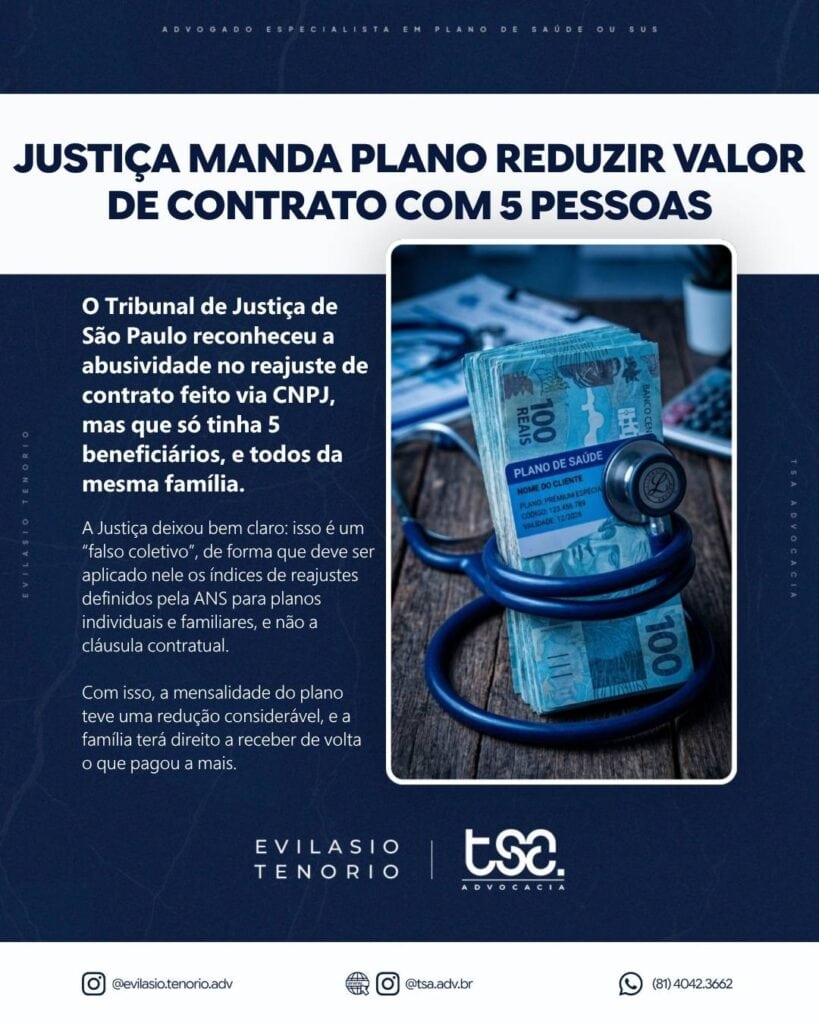 Plano de saúde “falso coletivo”: Justiça limita reajuste abusivo em contrato com poucos beneficiários 1 | Entenda quando um plano de saúde coletivo com poucos beneficiários pode ser considerado falso coletivo e ter reajustes limitados pelos índices da ANS Plano de saúde com desconto para famílias e redução de valor.