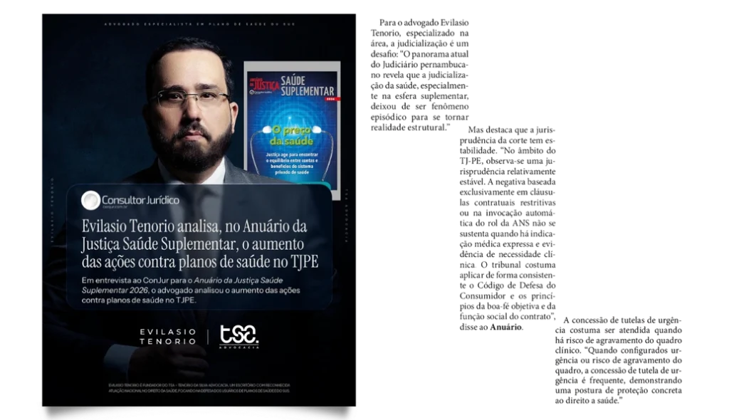 Advogado Evilasio Tenorio comenta ao ConJur, no Anuário da Justiça Saúde Suplementar 2026, o aumento das ações contra planos de saúde no TJPE 1 | Na entrevista, o advogado Evilasio Tenorio analisou o aumento das ações contra planos de saúde no TJPE. entrevista conjur anuariodasaude | Na entrevista, o advogado Evilasio Tenorio analisou o aumento das ações contra planos de saúde no TJPE.