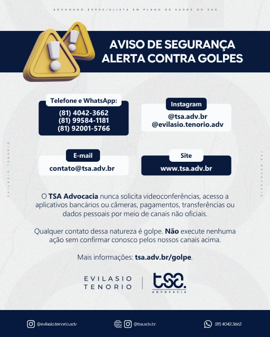 ⚠️ ALERTA DE SEGURANÇA Em tempos de golpe do falso advogado e de abordagens fraudulentas pelo WhatsApp, é essencial redobrar a atenção. O TSA | Tenorio da Silva Advocacia informa que os contatos oficiais do escritório pelo WhatsApp são apenas estes: 📞 (81) 4042.3662 Atendimento Geral 📞 (81) 99584.1181 Advogados 📞 (81) 92001.5766 Suporte Qualquer outro número que entrar em contato em nome do escritório, além destes ou daqueles pelos quais você já fala diretamente com seu advogado, deve ser tratado como tentativa de golpe. O escritório não muda sua forma de contato sem aviso prévio e nunca solicita pagamentos, dados pessoais ou informações processuais por números desconhecidos. Antes de responder qualquer mensagem, enviar documentos ou realizar qualquer pagamento, confirme a origem do contato pelos canais oficiais. Na dúvida, não responda. Não clique em links. Não faça pagamentos. Fale diretamente com o escritório.