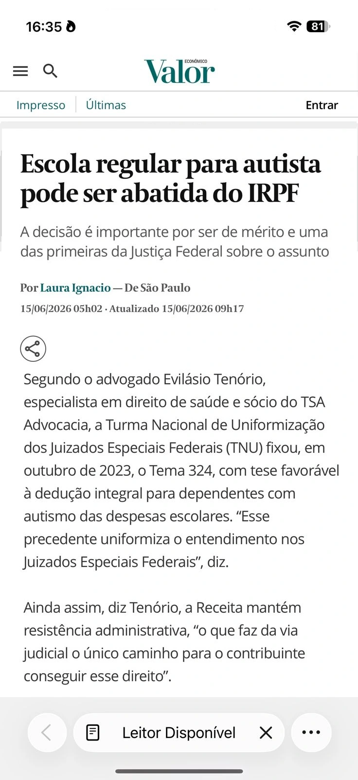 Reportagem do Valor Econômico sobre a possibilidade de abater do Imposto de Renda a escola regular de dependente com autismo, com entrevista do advogado Evilasio Tenorio